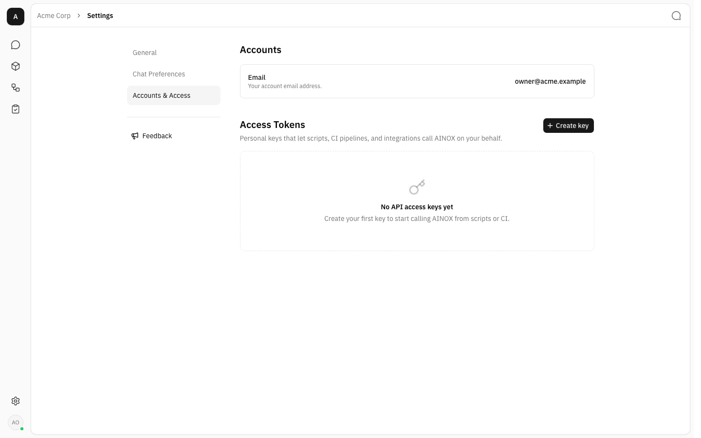 Accounts and Access section with the account email and an empty Access Tokens list