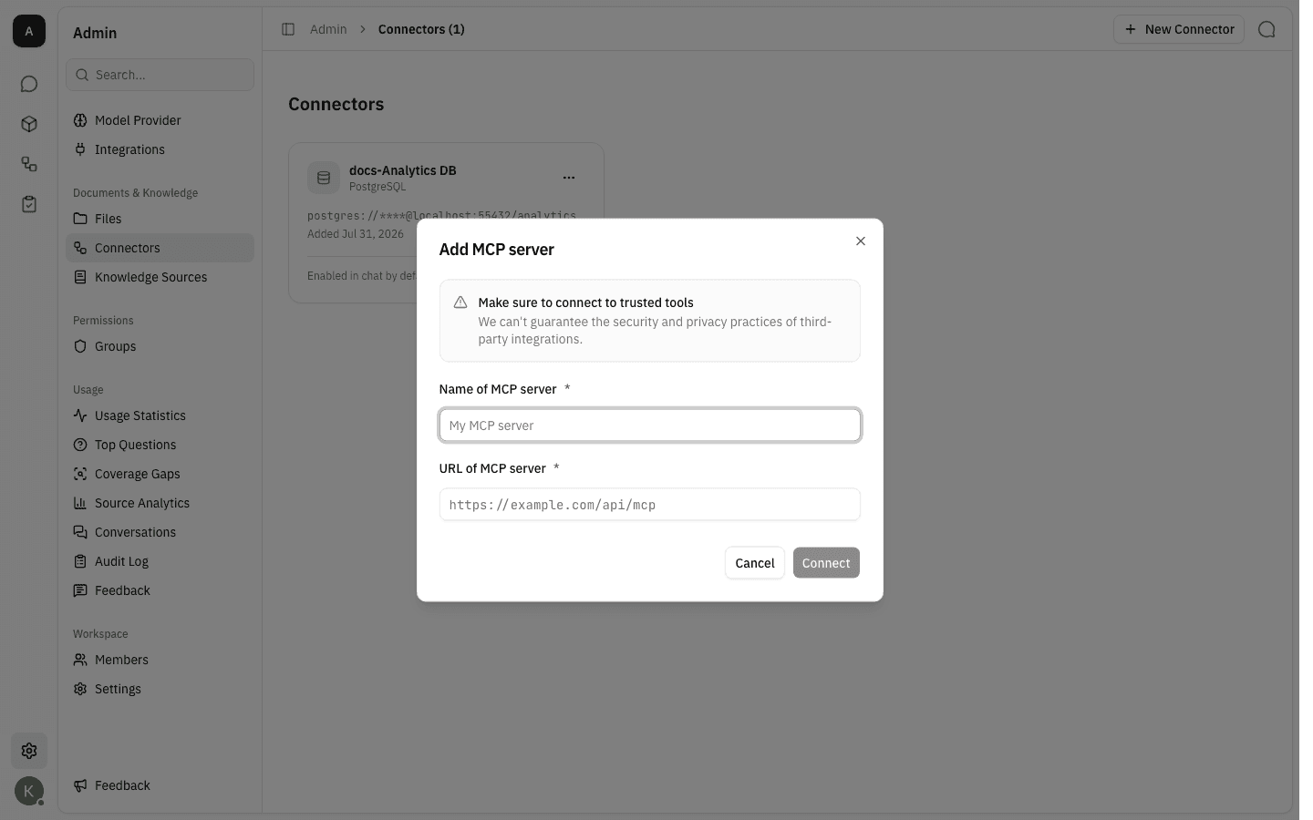 Add MCP server dialog with the "Make sure to connect to trusted tools" notice