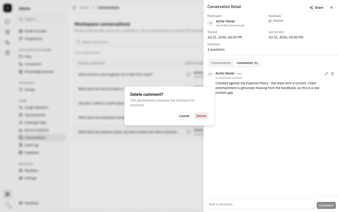 Delete comment confirmation dialog warning that the removal is permanent for everyone