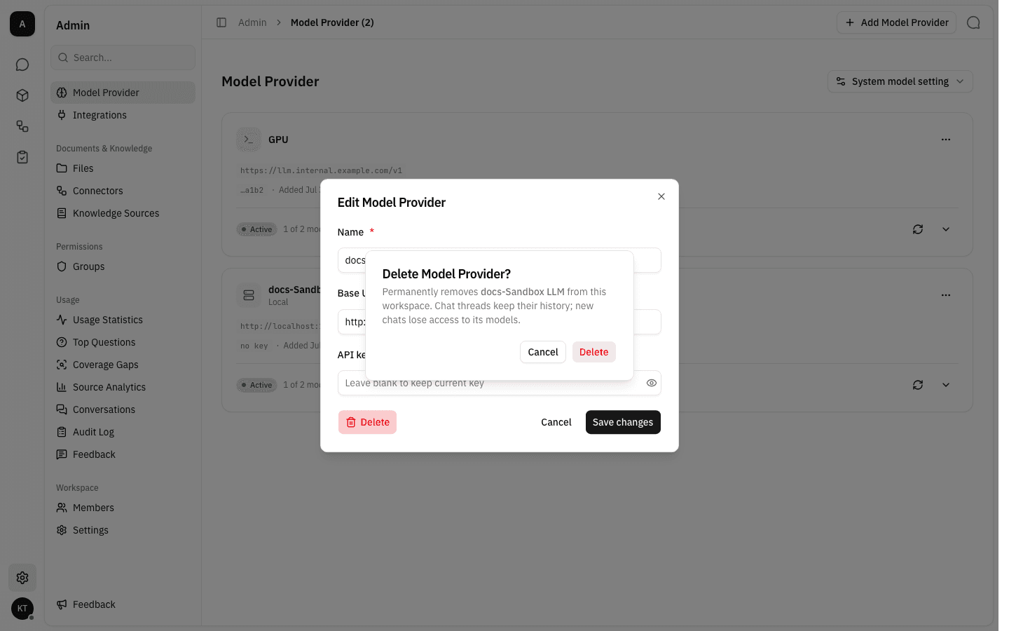 Delete Model Provider confirmation dialog