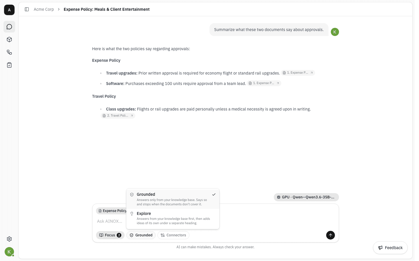 Response mode popover showing Grounded selected and Explore as the alternative