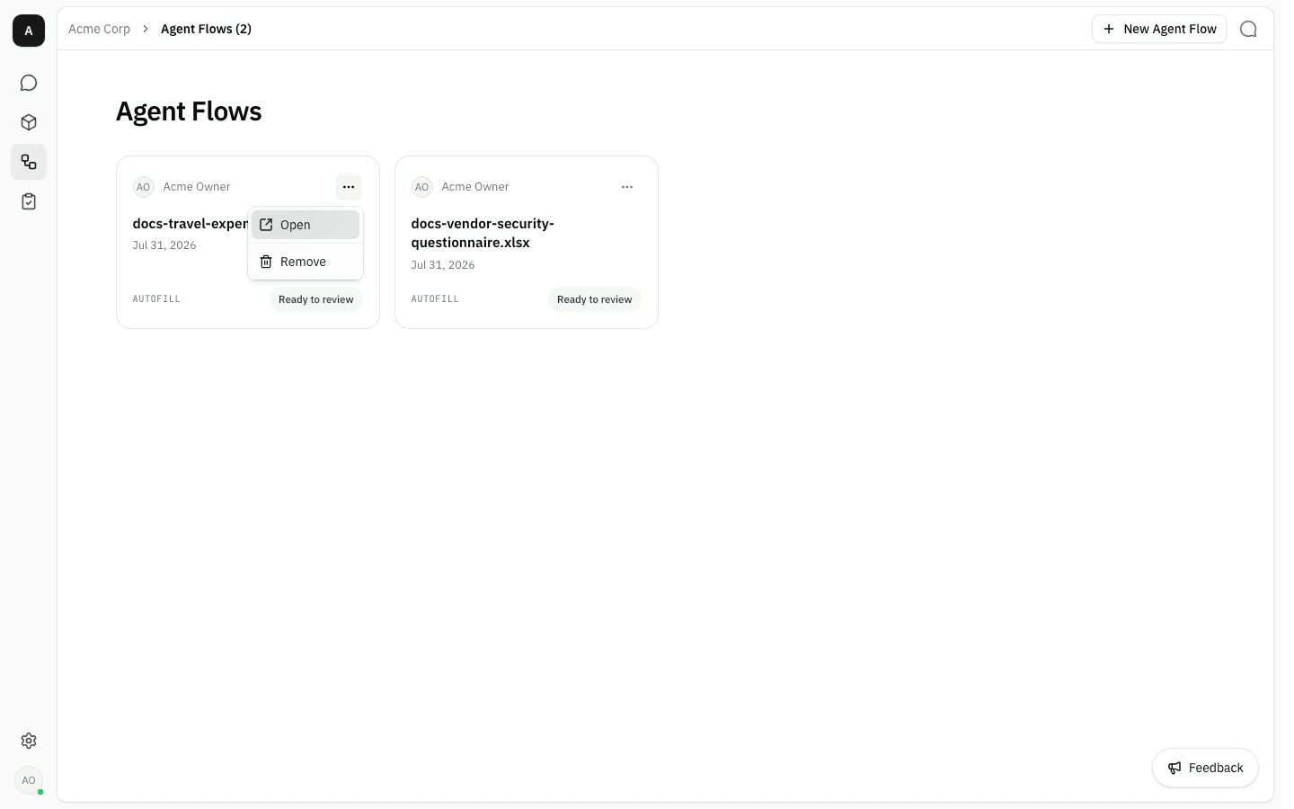 Run card menu open on docs-travel-expense-claim.xlsx, showing Open and Remove