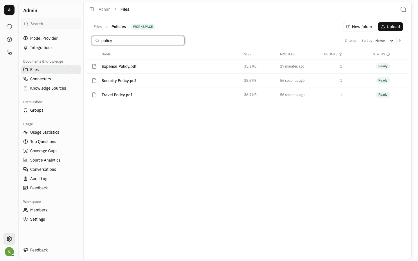 Search for "policy" inside the Policies folder narrowing the list to three matching PDFs