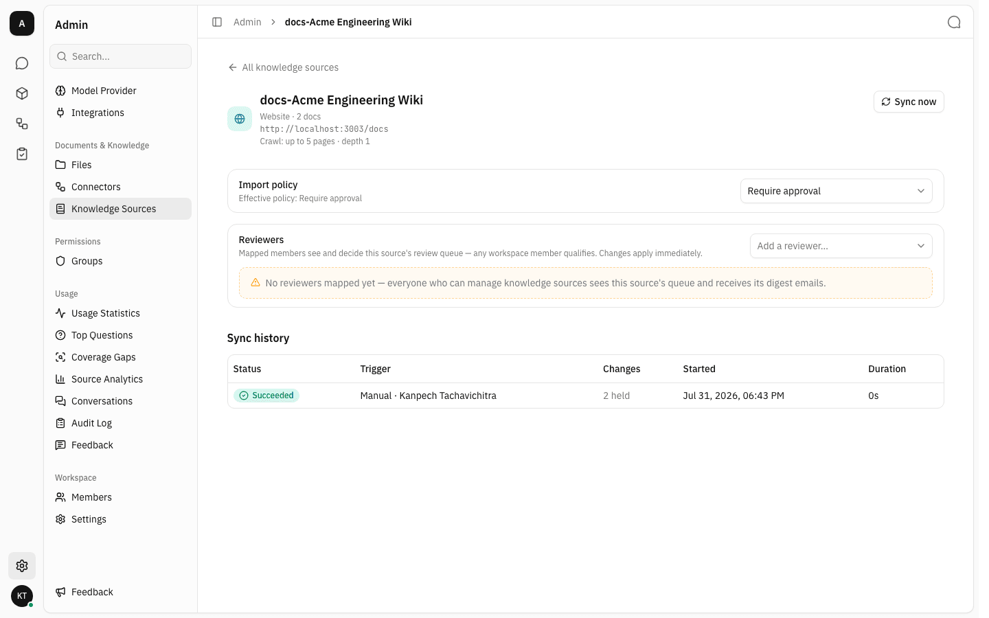 The source settings page with import policy, reviewers and sync history