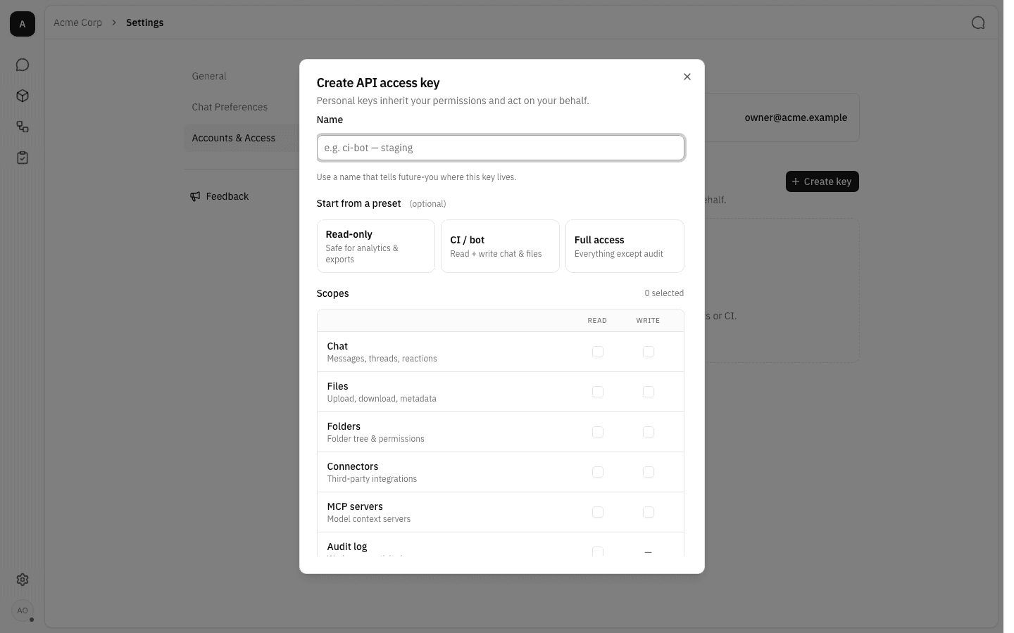 Create API access key dialog
