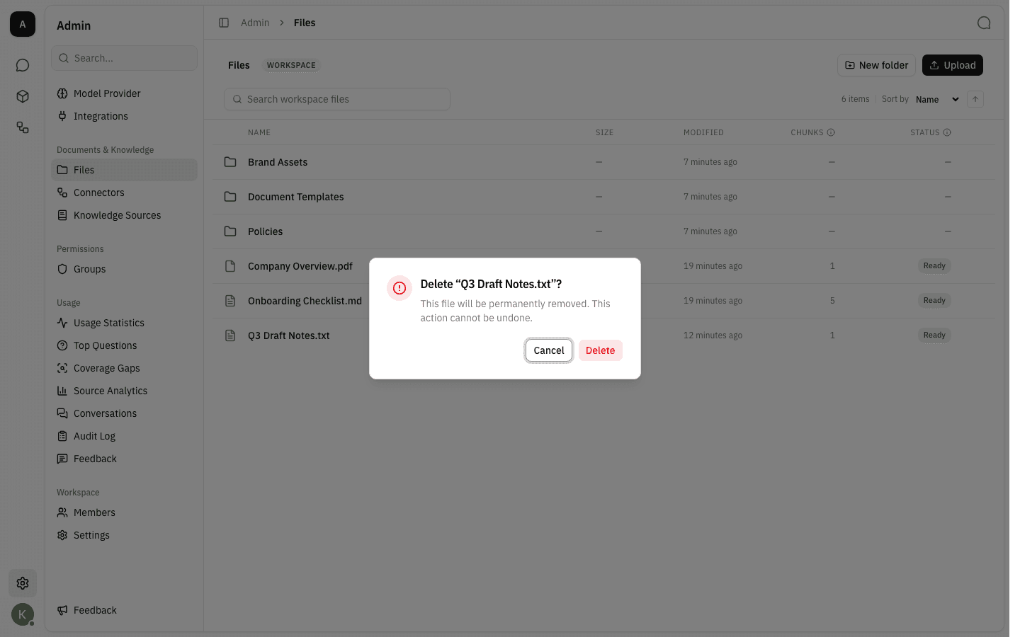 Confirmation dialog asking to delete a text file, warning the action cannot be undone