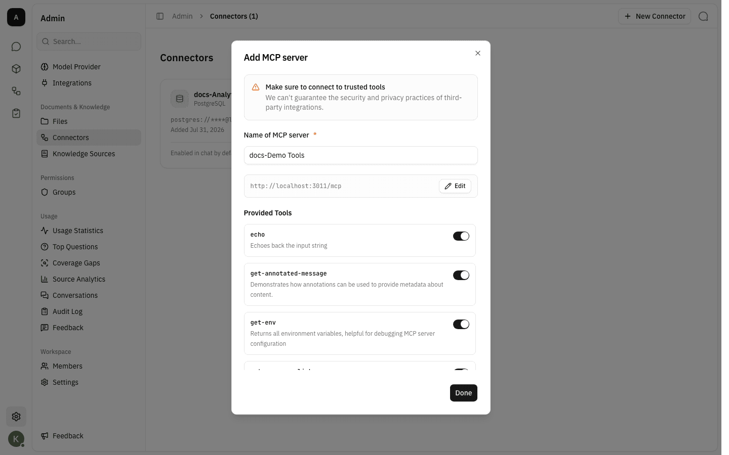 Add MCP server dialog listing the discovered tools, each with a switch