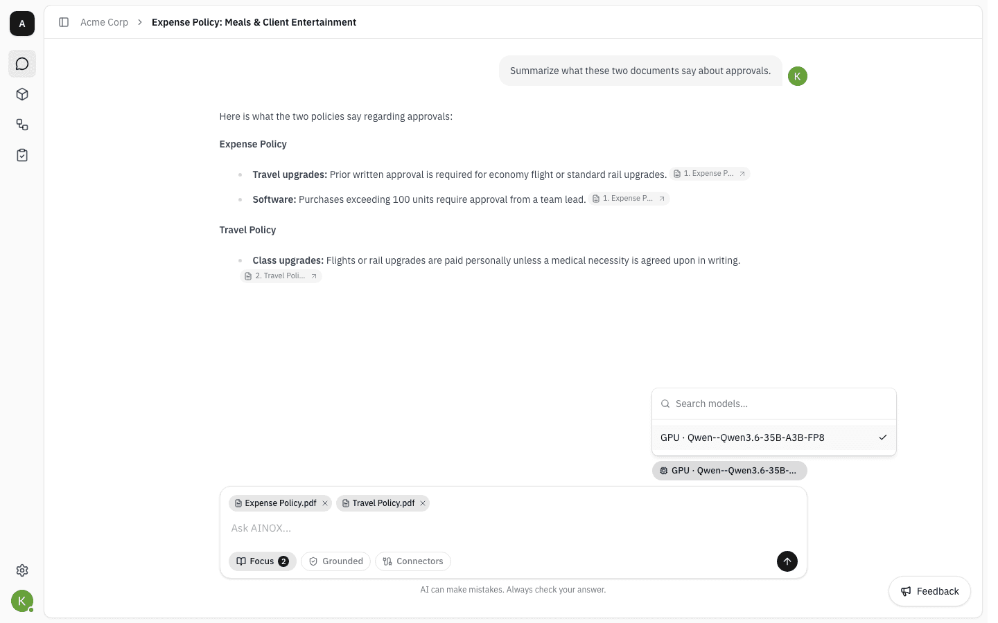 Model picker with a search box and one enabled model, ticked
