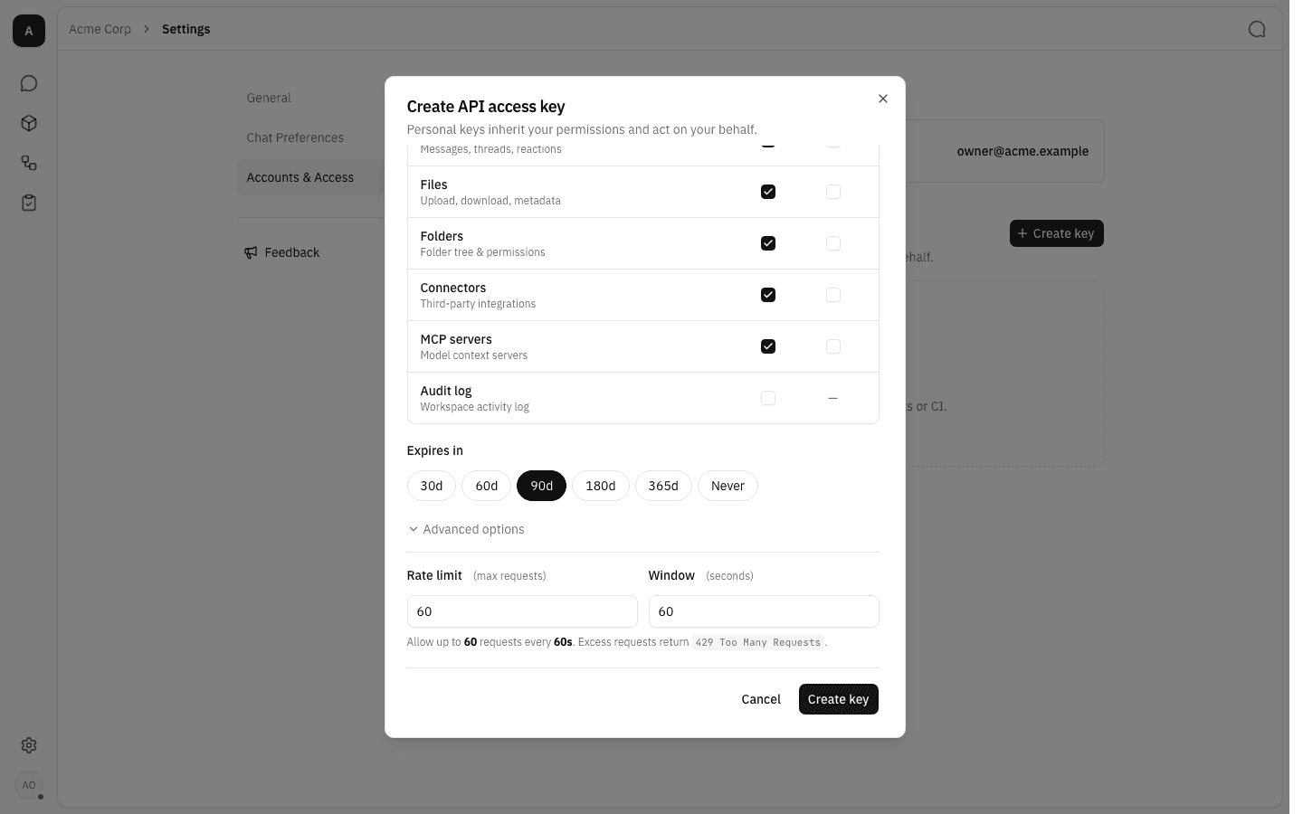 Expiry chips with 90d selected and the rate-limit fields under Advanced options