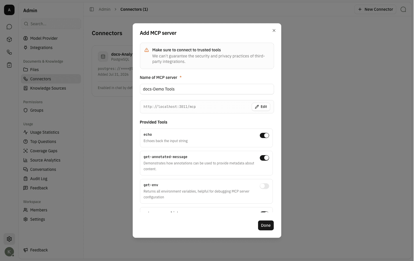 The tool list with one tool switched off