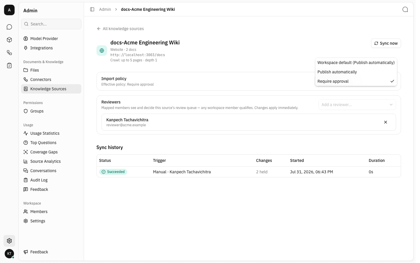 The per-source import policy options on the settings page