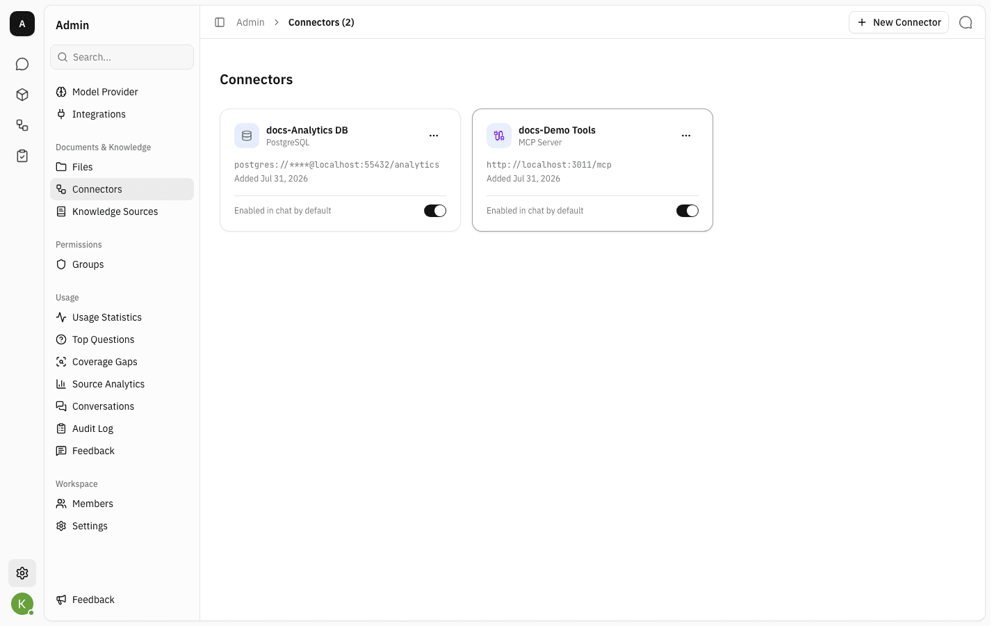 Connectors page showing a PostgreSQL card and an MCP Server card side by side