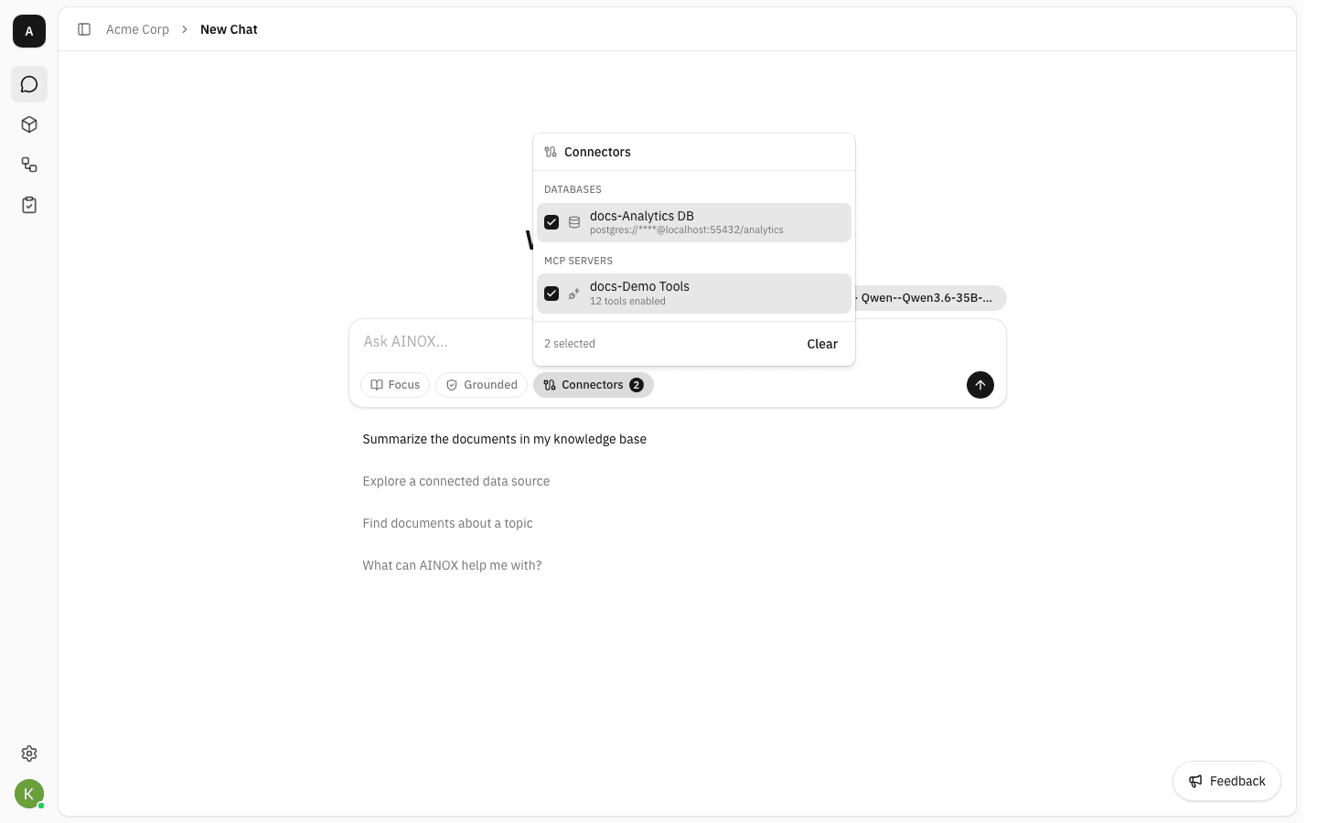 Chat composer with the Connectors picker open, showing one database and one MCP server both ticked