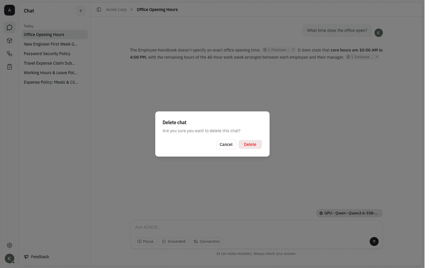 Confirmation dialog asking whether to delete this chat
