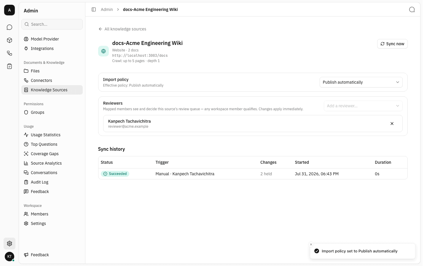 The settings page after the import policy changed to Publish automatically