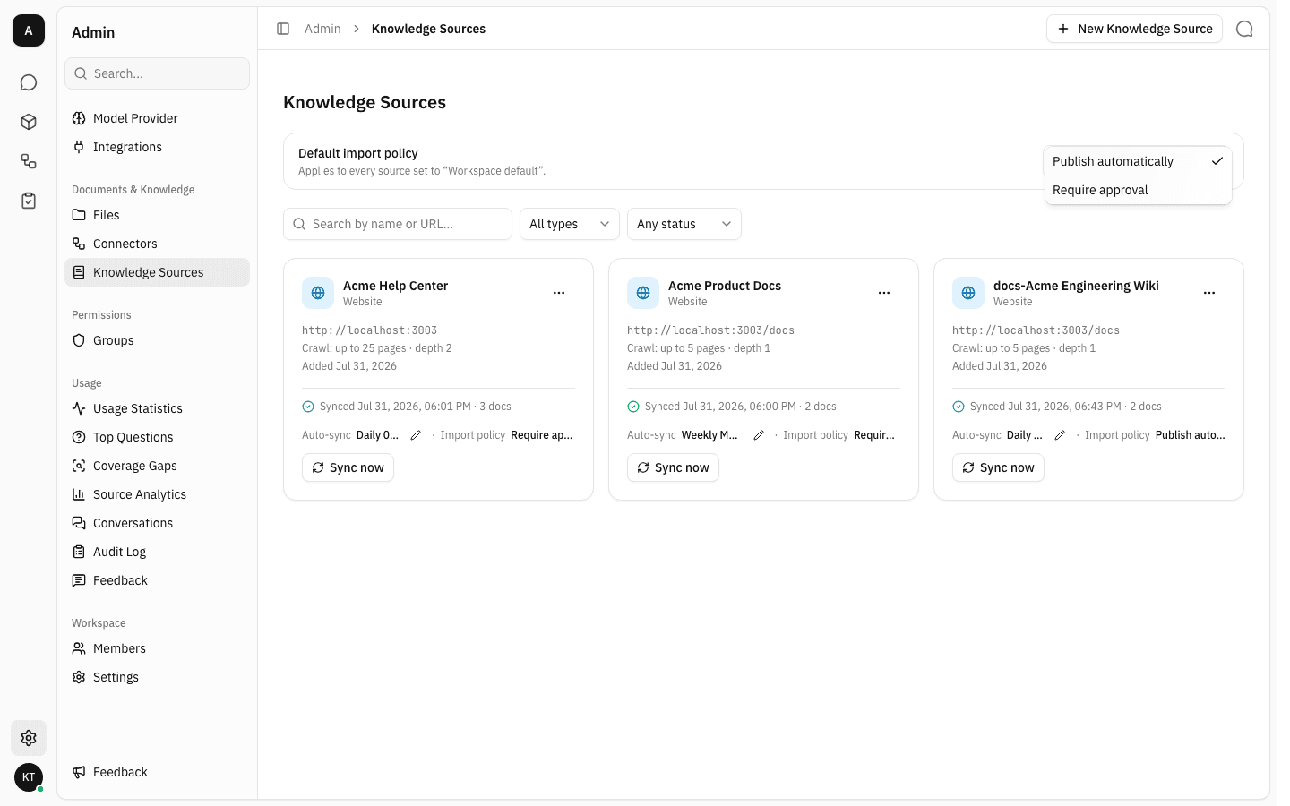 The workspace default import policy options