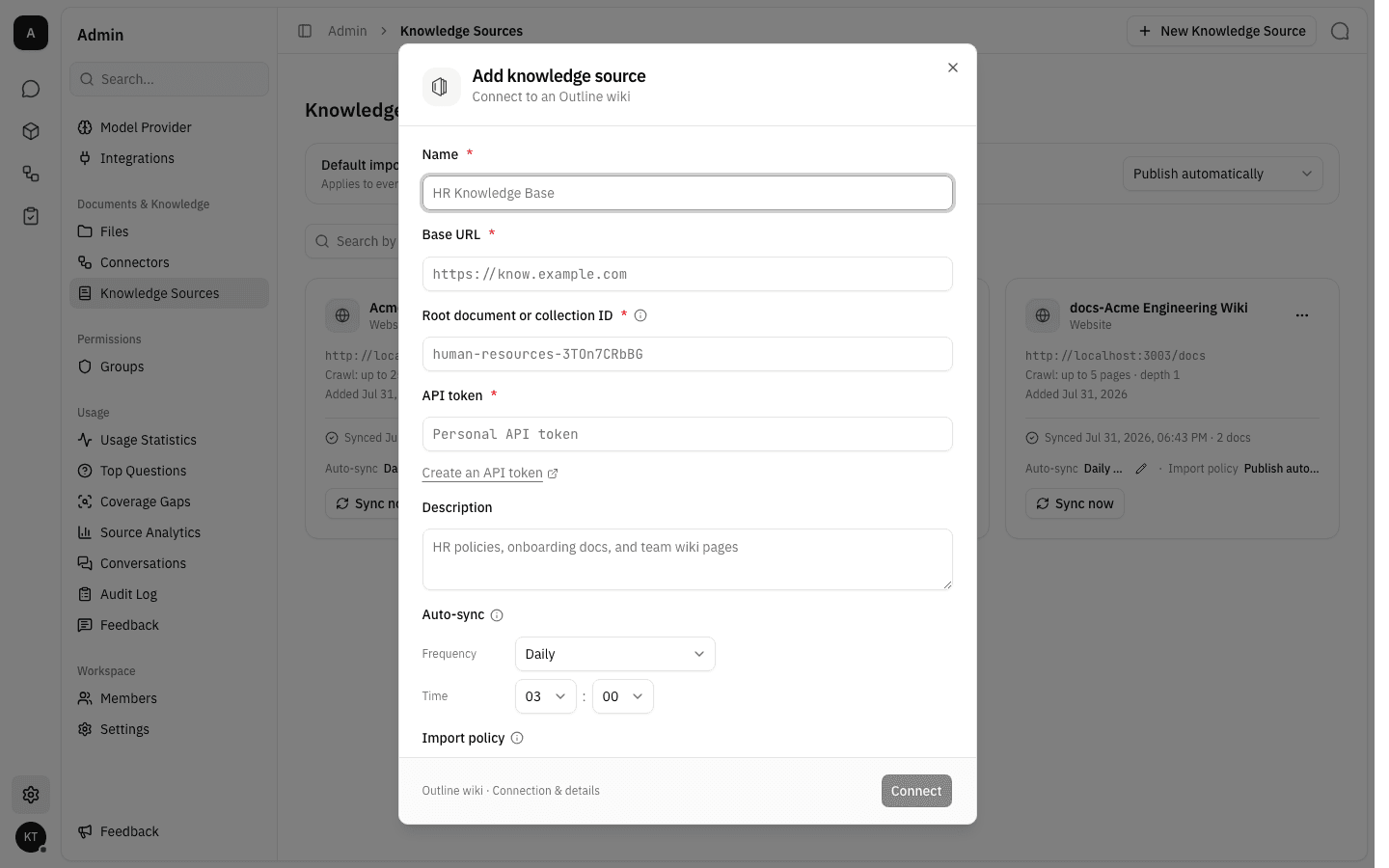 The Add knowledge source form for an Outline wiki