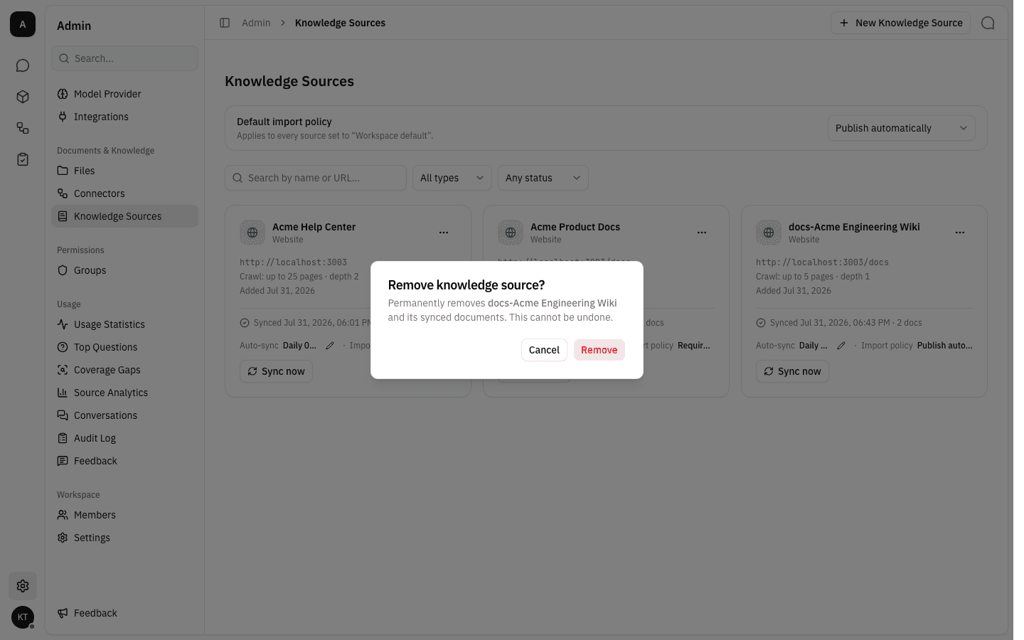 The Remove knowledge source confirmation dialog