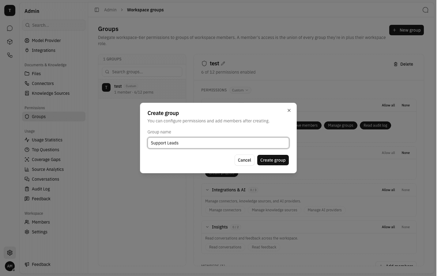 Create group dialog with the name "Support Leads" typed in