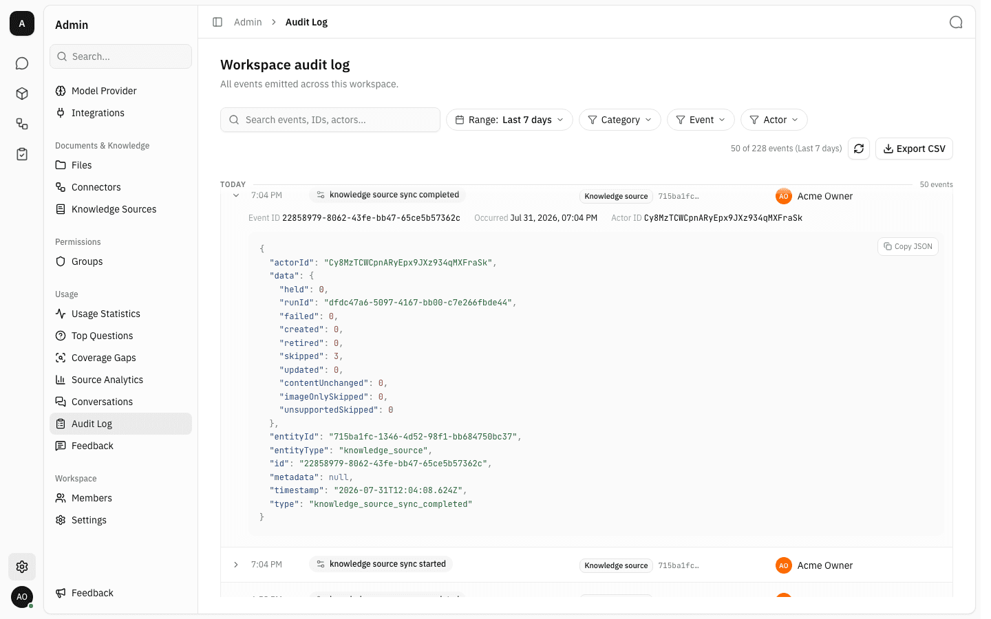 An expanded knowledge source sync event showing its JSON payload