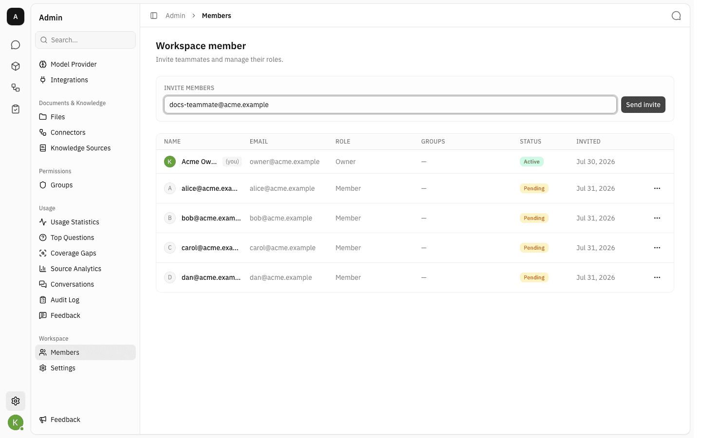 Invite members box with an email address typed in