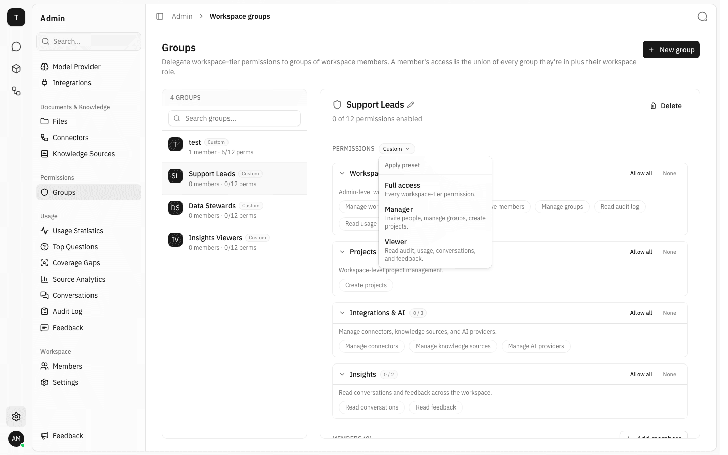Preset menu open showing Full access, Manager and Viewer options