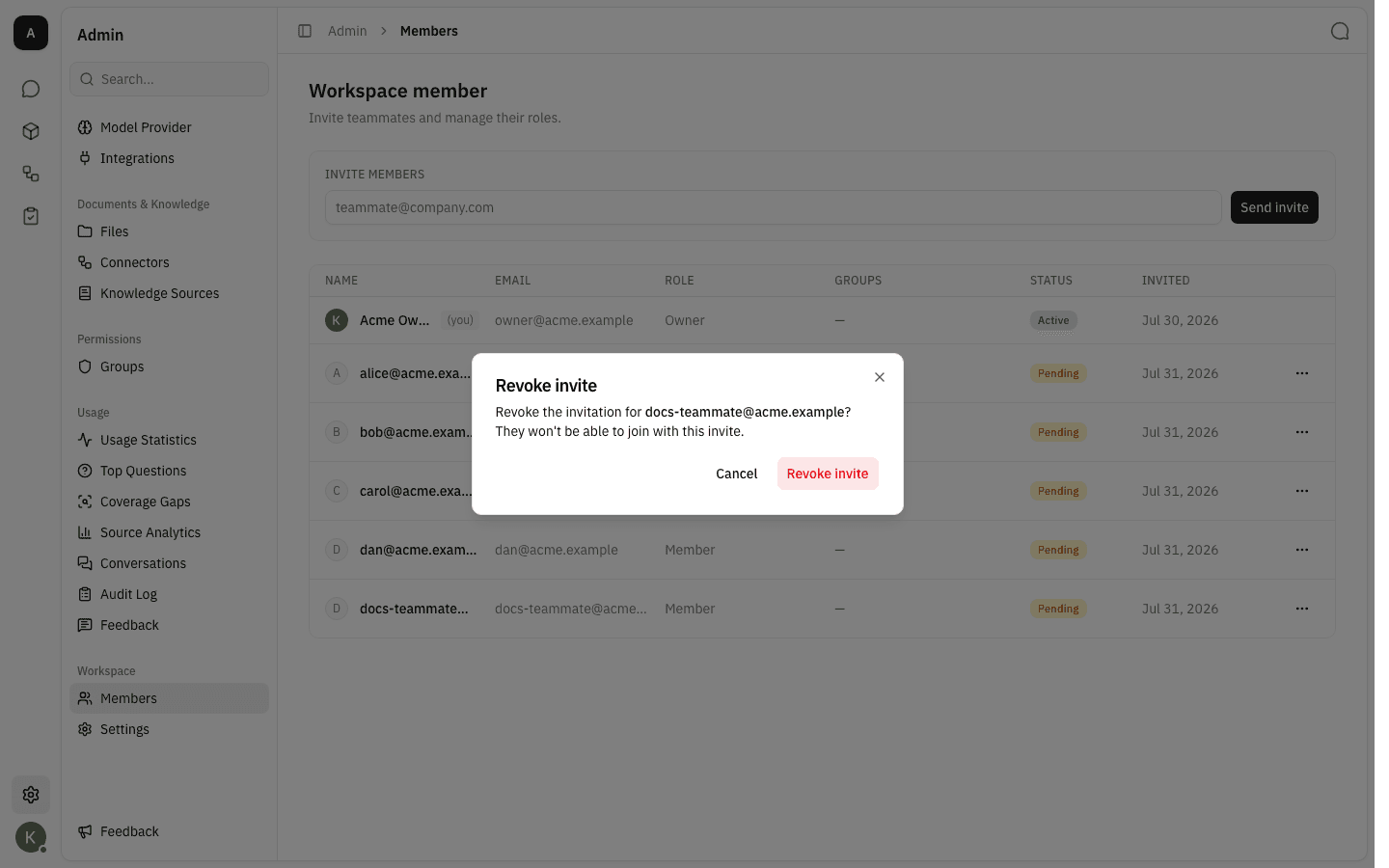 Revoke invite confirmation dialog naming the invited address