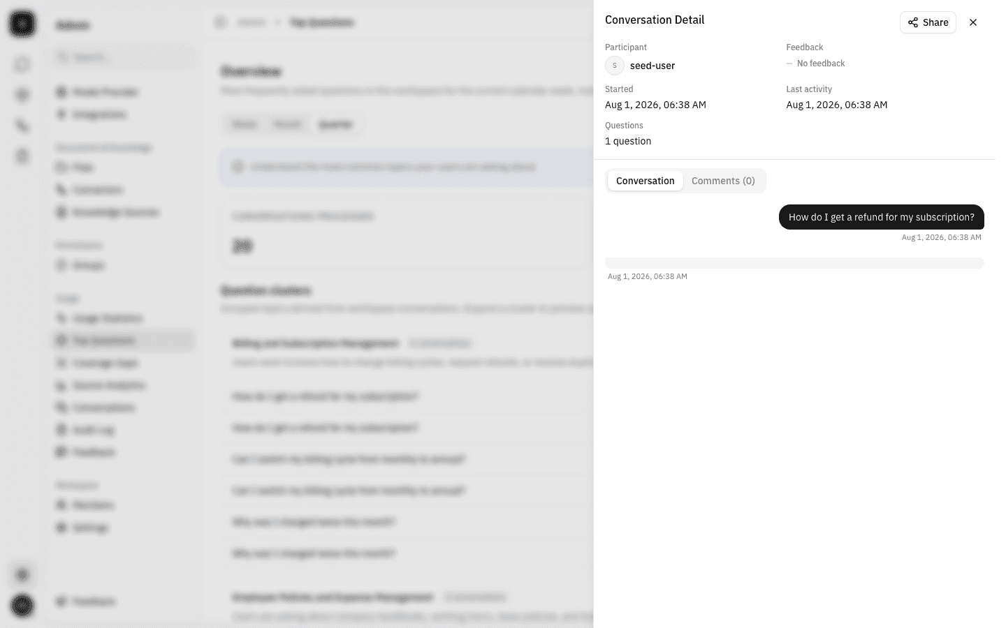 The Conversation Detail side panel opened over the cluster list, showing the participant, "No feedback", the timestamps, and the transcript containing the refund question