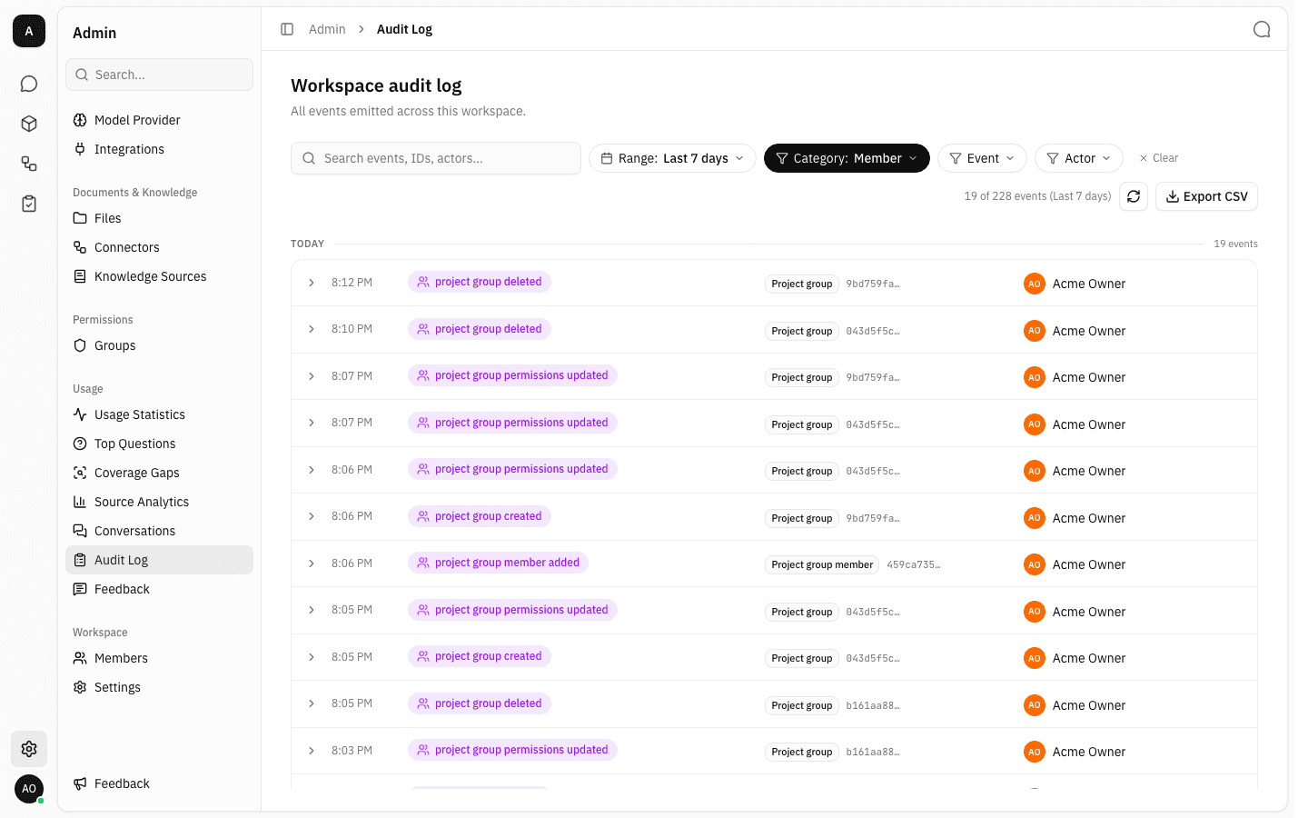 Audit log filtered to the Member category