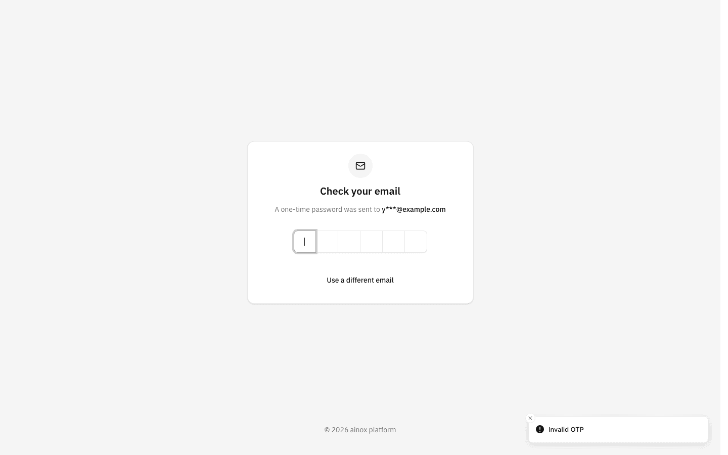 The code screen cleared, with an "Invalid OTP" message in the bottom-right corner