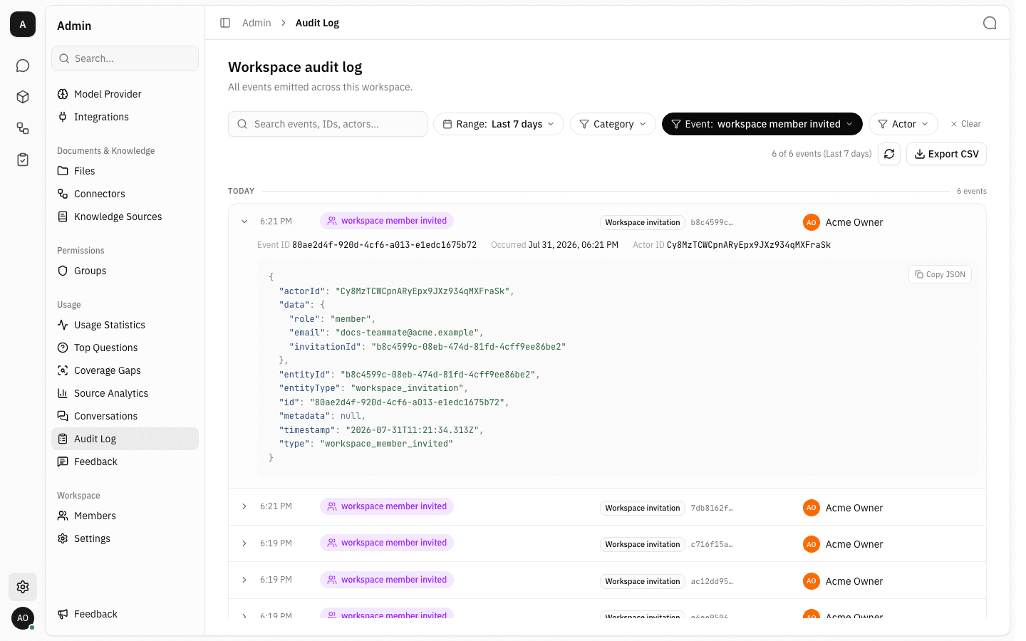 Audit log filtered to workspace member invited, one row expanded