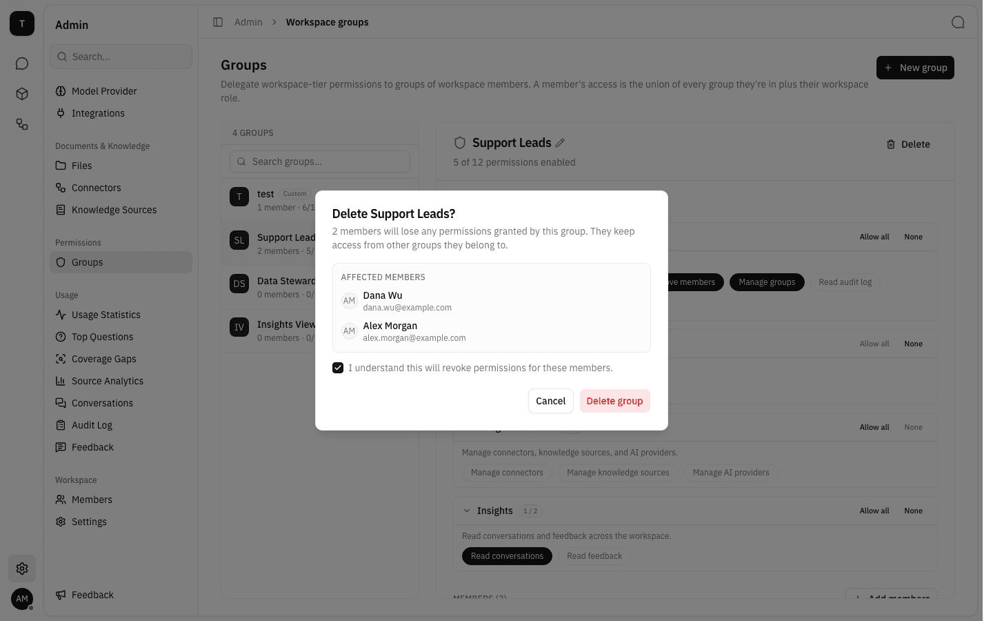 Delete group confirmation dialog listing affected members