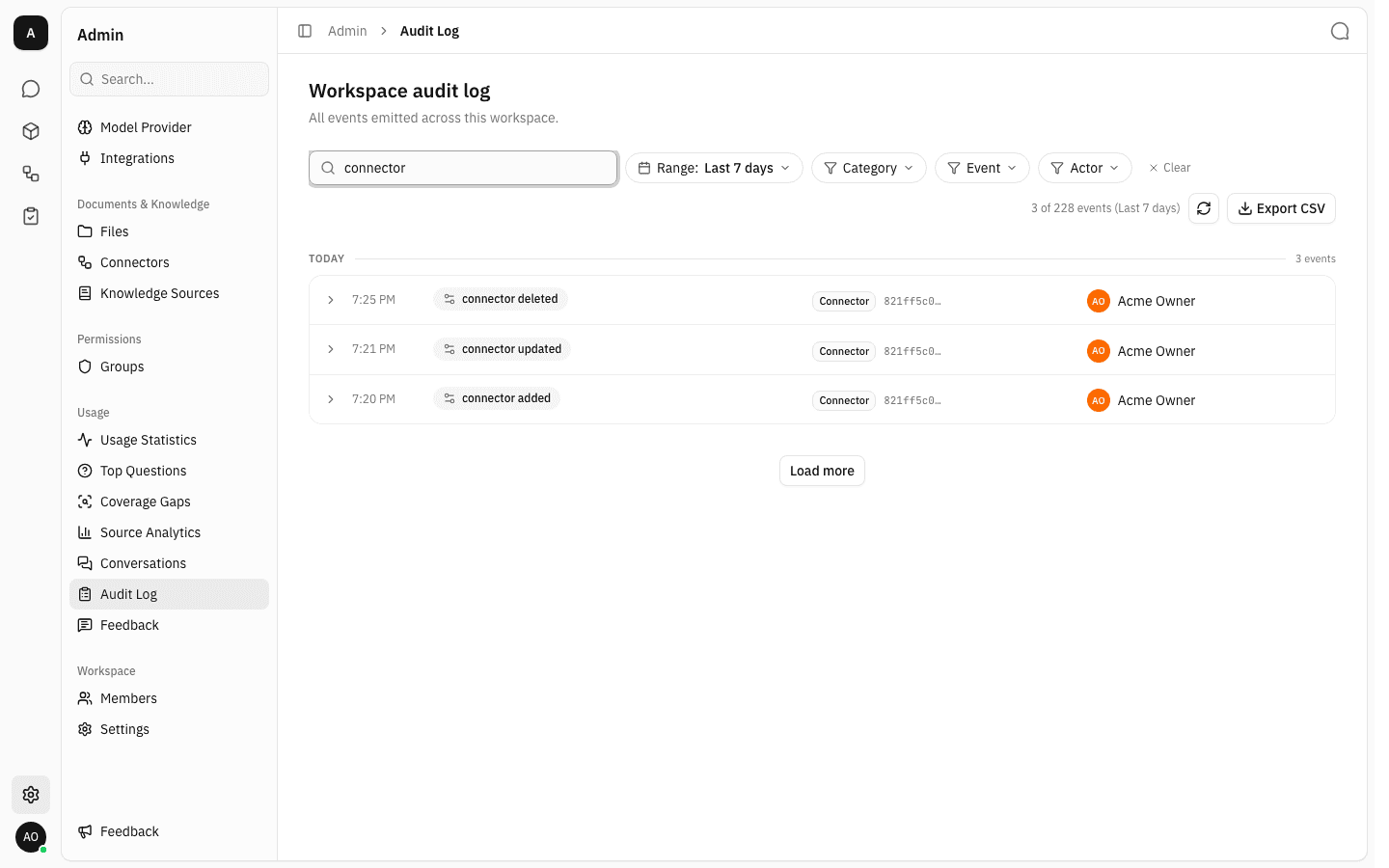 Audit log searched for connector, showing three matching rows